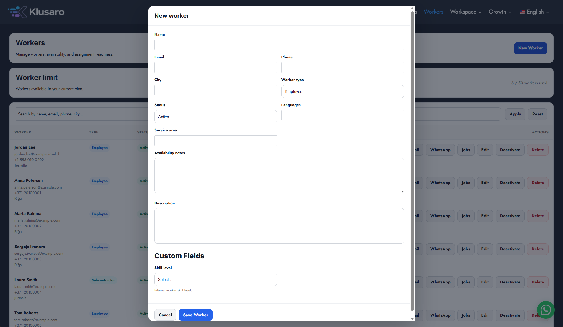 Show worker fields